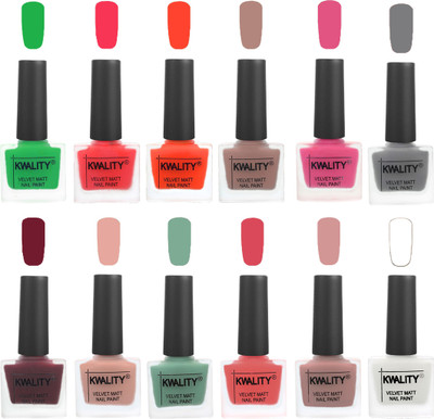 

Kwality Nail Paints | Professional Nail Polish| Nail Paint Combo Set of 12 Green-Pink Mania-Candy Orange-Salmon Run-Pink -Grey-Maroon-Salmon Pink-Mischievous Mint-Baby Pink-Salmon-White(Pack of 12)