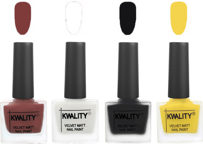 

Kwality Nail Paints | Velvet Matte Nail Polish Combo Dark Tan,White,Black,Yellow(Pack of 4)