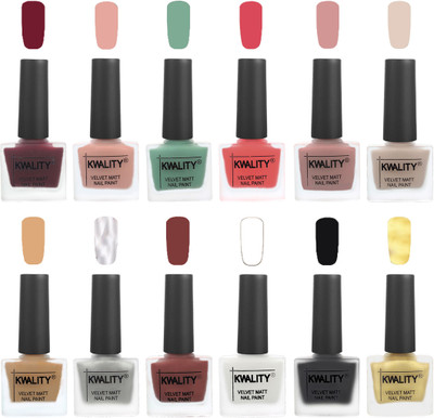 

Kwality Nail Paints | Professional Nail Polish| Nail Paint Combo Set of 12 Maroon-Salmon Pink-Mischievous Mint-Baby Pink-Salmon-Light Beige-Beige-Silver-Dark Tan-White-Black-Golden(Pack of 12)