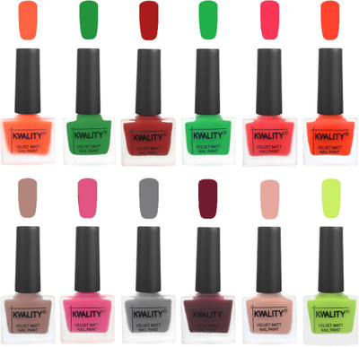 

Kwality Nail Paints | Professional Nail Polish| Nail Paint Combo Set of 12 Carrot Orange-Dark Green-Red-Green-Pink Mania-Candy Orange-Salmon Run-Pink -Grey-Maroon-Salmon Pink-Light Lemon Green(Pack of 12)