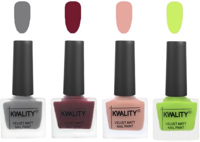 

Kwality Nail Paints | Velvet Matte Nail Polish Combo Grey,Maroon,Salmon Pink,Light Lemon Green(Pack of 4)