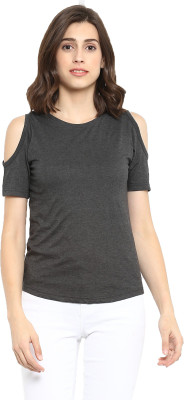 Ap'pulse Casual Cold Shoulder Solid Women Grey Top