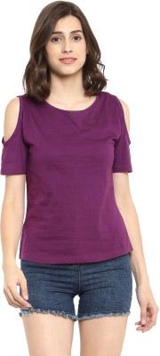Ap'pulse Casual Cold Shoulder Solid Women Purple Top