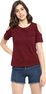 Ap'pulse Solid Women Round Neck Maroon T-Shirt