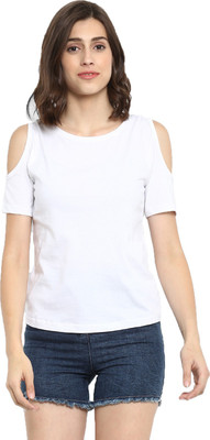 Ap'pulse Solid Women Round Neck White T-Shirt