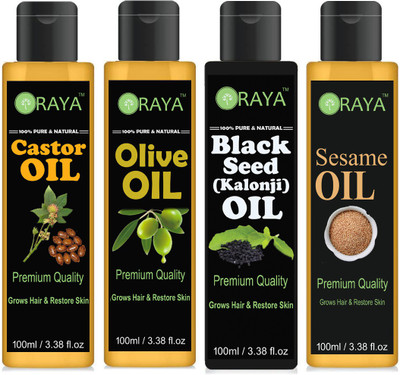

ORAYA 100% Pure & Natural Castor oil And Olive Oil & Blackseed( Kalonji) & Sesame Oil and Castor oil Combo of 4 bottles of 100 ml(400ml) (400 ml) Hair Oil(400 ml)