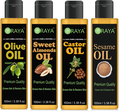 

ORAYA 100% Pure & Natural Cold Pressed Castor oil, Olive Oil and Sesame oil and Sweet Almond oil Combo of 4 bottles of 100 ml(400ml) (400 ml) Hair Oil(400 ml)