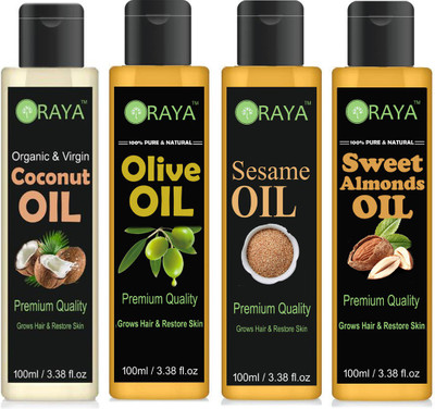 

ORAYA 100% Pure & Natural Virgin Coconut oil, Olive Oil and Sesame oil and Sweet Almond oil Combo of 4 bottles of 100 ml(400ml) (400 ml) Hair Oil(400 ml)