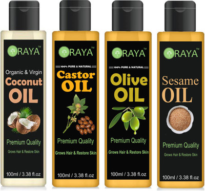 

ORAYA 100% Pure & Natural Virgin Coconut oil, Olive Oil and Sesame oil and Castor oil Combo of 4 bottles of 100 ml(400ml) (400 ml) Hair Oil(400 ml)