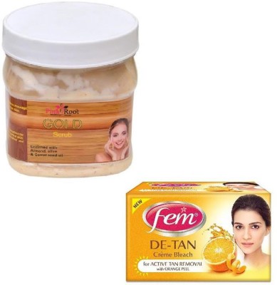 PINKROOT GOLD SCRUB 500GM WITH FEM DE-TAN BLEACH 50GM(2 Items in the set)