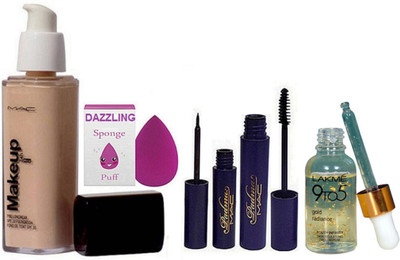 

Dazzling Sponge Puff & Makeup Pro LOngwear Foundation &Eyeliner & Mascara, 9to5 Face Serum(Set of 5)