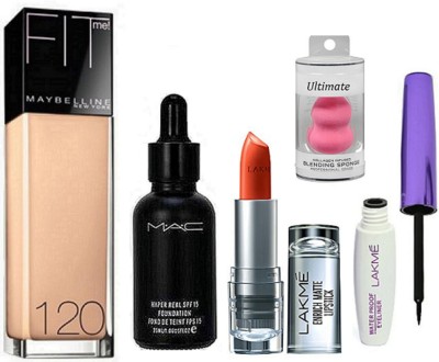 

Ultimate Sponge Puff, Fit Me 120 Foundation, Hyper Real Foundation & Lipstick, Waterproof Eyeliner(Set of 5)