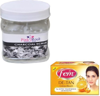 PINKROOT CHARCOAL SCRUB 500GM WITH FEM DE-TAN BLEACH 50GM(2 Items in the set)