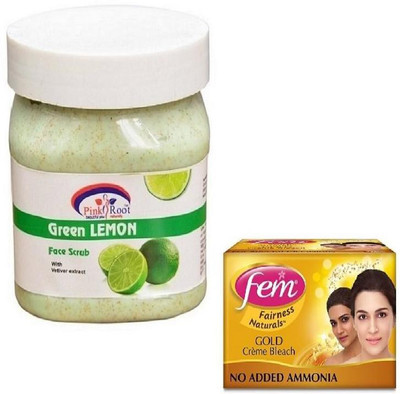 

Pink Root GREEN LEMON SCRUB 500GM WITH FEM GOLD BLEACH 50GM(Set of 2)