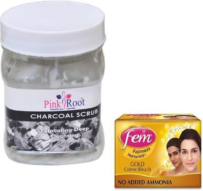 

Pink Root CHARCOAL SCRUB 500GM WITH FEM GOLD BLEACH 50GM(Set of 2)