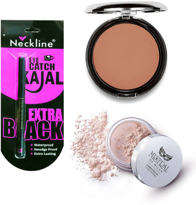 

mistral of milan makeup pro fix loose powder and silk glow blush sunkissed with neckline kajal(Set of 3)