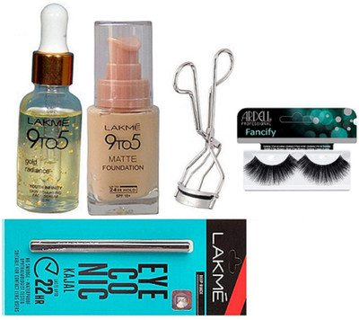 

Fancify Eyelashes, 9to5 Matte Foundation, Gold Rediance serum, Kajal, Curler(Set of 5)