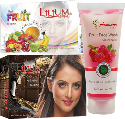 

Lilium Herbal Fresh Fruit & Chocolate Facial Kit 80gm(each) With Fruit Face Wash60ml(Set of 3)