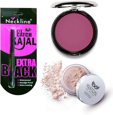 

mistral of milan makeup pro fix loose powder and silk glow blush desire withneckline kajal(Set of 3)