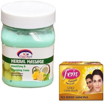

Pink Root HERBAL MASSAGE CREAM 500GM WITH FEM GOLD BLEACH 50GM(Set of 2)