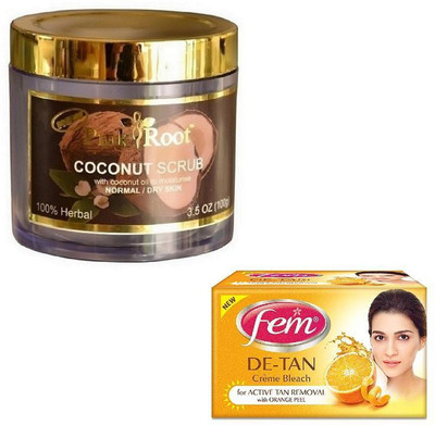 

Pink Root COCONUT SCRUB 100GM WITH FEM DE-TAN BLEACH 50GM(Set of 2)