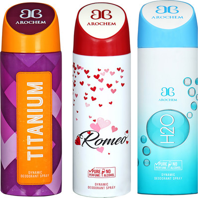 

AROCHEM TITANIUM , ROMEO AND H2O DYNAMIC PURE ORIGINAL Deodorant Spray - For Men & Women(200 ml, Pack of 3)