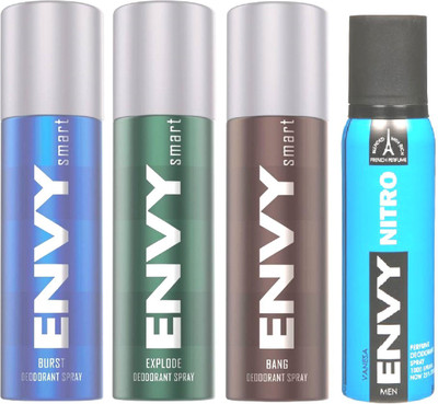 

ENVY 1 SMART EXPLODE DEODORANT 135ML+ 1 SMART BURST DEODORANT 135ML+ 1 SMART BANG DEODORANT 135ML+ 1 NITRO DEODORANT 120ML Body Spray - For Men & Women(135 ml, Pack of 4)
