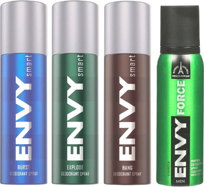 

ENVY 1 SMART EXPLODE DEODORANT 135ML+ 1 SMART BURST DEODORANT 135ML+ 1 SMART BANG DEODORANT 135ML+ 1 FORCE DEODORANT 120ML Body Spray - For Men & Women(135 ml, Pack of 4)