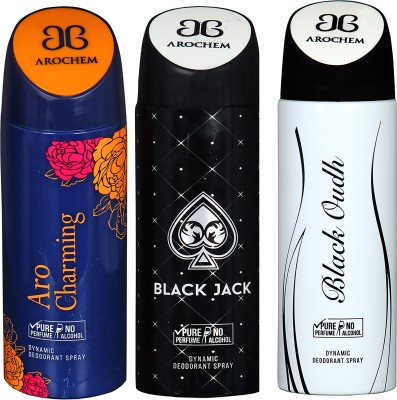 

AROCHEM ARO CHARMING , BLACK JACK AND BLACK OUDH DYNAMIC PURE ORIGINAL Deodorant Spray - For Men & Women(600 ml, Pack of 3)