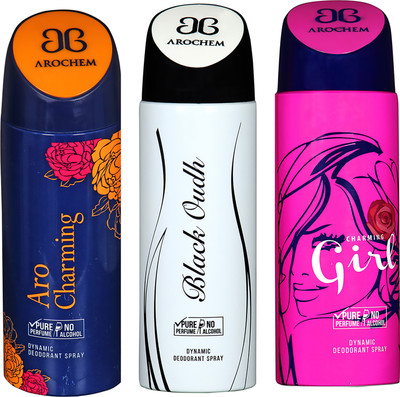 

AROCHEM ARO CHARMING , BLACK OUDH AND CHARMING GIRL DYNAMIC PURE ORIGINAL Deodorant Spray - For Men & Women(600 ml, Pack of 3)