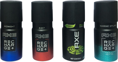 

AXE MIDNIGHT,24*7,PULSE,MARINE SPLASH, ( PACK OF 4) Deodorant Spray - For Men(150 ml, Pack of 4)