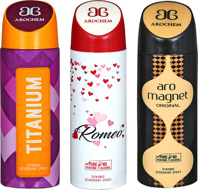 

AROCHEM TITANIUM , ROMEO AND ARO MAGNET DYNAMIC PURE ORIGINAL Deodorant Spray - For Men & Women(200 ml, Pack of 3)