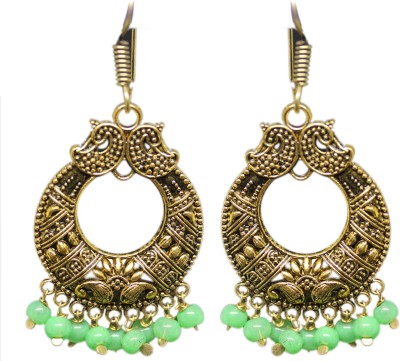 ellegent Traditional Green Beads German Silver Earring Set, Chandbali Earring