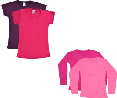 Indistar Girls Solid Cotton Blend T Shirt(Pink, Pack of 4)