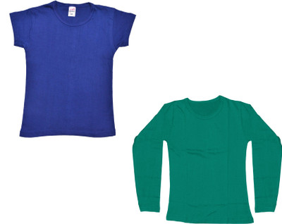 Indistar Girls Solid Cotton Blend Regular T Shirt(Green, Pack of 2)
