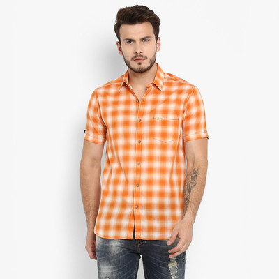 mufti-men-checkered-casual-orange-shirt