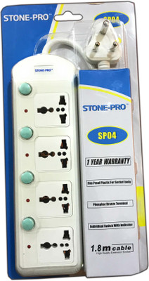 STONE-PRO 4 Socket 1.8 Meter 10 Amp 250V~ 2500W MAX, Adaptable to standard plugs of all countries. Individual Switch Flex box, Spike Buster 4 Socket Surge Protector Three Pin Socket 4  Socket Extension Boards(White, 1.8 m)