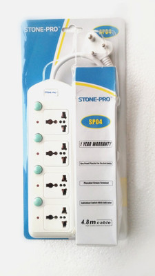 STONE-PRO 4 Socket 4.8 Meter 10 Amp 250V ~ 2500W MAX, Adaptable to standard plugs of all countries. Individual Switch Flex box, Spike Buster 4 Socket Surge Protector Three Pin Socket 4  Socket Extension Boards(White, 4.8 m)