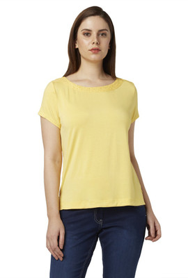 PARK AVENUE Solid Women Round Neck Yellow T-Shirt