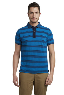 COLORPLUS Striped Men Polo Neck Blue T-Shirt