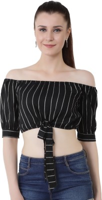 Chimpaaanzee Casual Bishop Sleeve Striped Women Black Top