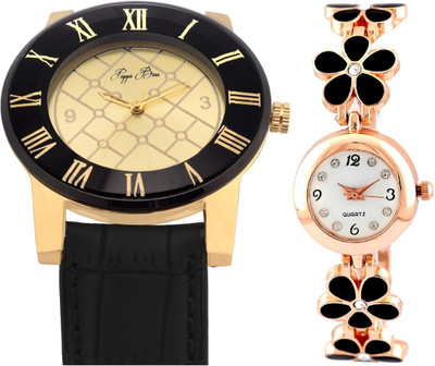 

Pappi Boss QUALITY ASSURED GOLDEN DESIRE Leather Strap & Black Flower Golden Chain Watch - For Men & Women