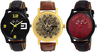

Pappi Boss Pack of 3 Specially Designed Leather With Transparent Golden Skeleton Casual Watch - For Men