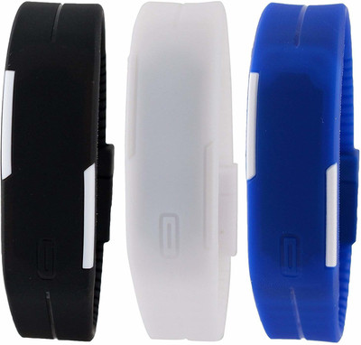 

Pappi Boss Set of 3 Trendy Sporty Fashionable Black, White & Blue Silicone Digital Led Bracelet Band Watch - For Women