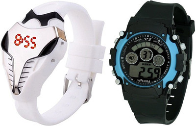 

Pappi Boss Pack of 2 Silicone White Snake Dragon Face & Sports 7 Light Display Watch - For Boys