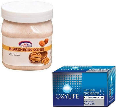 Pink Root BLACKHEADS SCRUB 500GM WITH OXYLIFE CREME BLEACH 27GM(Set of 2)
