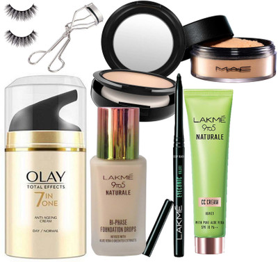

Fancify Silicon puff, 9to5 Naturale Foundation & CC Cream & Kajal & Studio Fix Comapact & Loose Pawder & Cream Eyelashe & Curler(Set of 8)