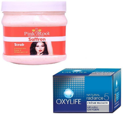 

Pink Root SAFRON SCRUB 500GM WITH OXYLIFE CREME BLEACH 27GM(Set of 2)