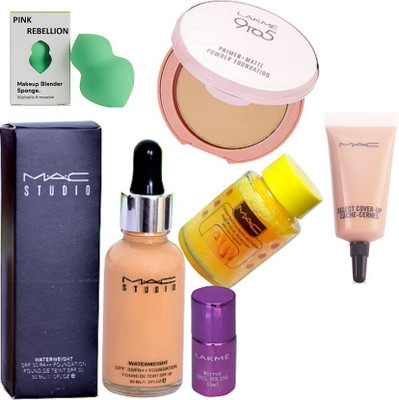 

PINK REBELLION Sponge puff, studio water weight foundation, nail polish remover, primer matte compact, mirror nail polish & Select Cover-up(Set of 6)