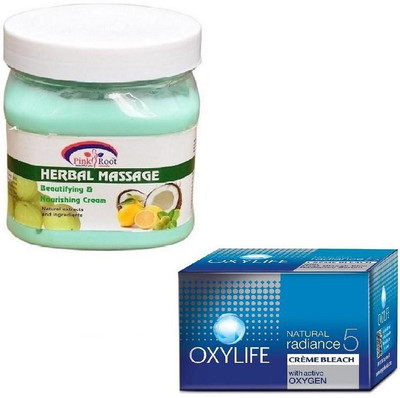 

Pink Root HERBAL MASSAGE CREAM 500GM WITH OXYLIFE CREME BLEACH 27GM(Set of 2)